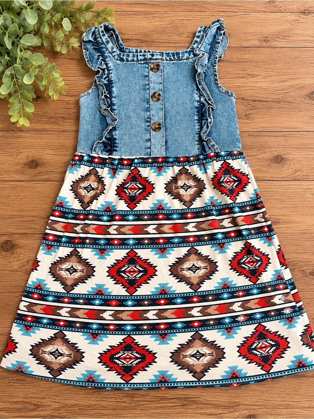Denim Ruffle Bodice Aztec Print Girls' Dress - Blue/Tan/Red